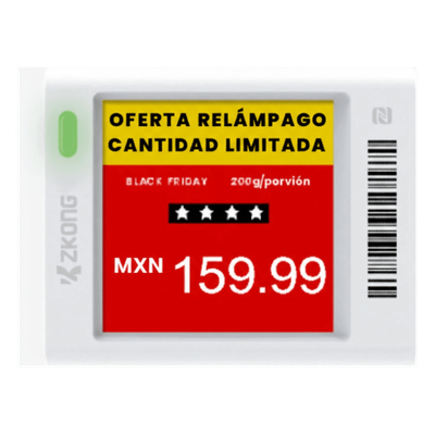 Etiqueta Electrónica de Estantería ESL 1.5″ / Pantalla EPD Gráfica Matriz de Puntos 152×152 píxeles / 4 Colores (Negro Blanco Rojo Amarillo) / BLE 5.0 con Encriptación AES-128 / Autonomía 3 Años con 4