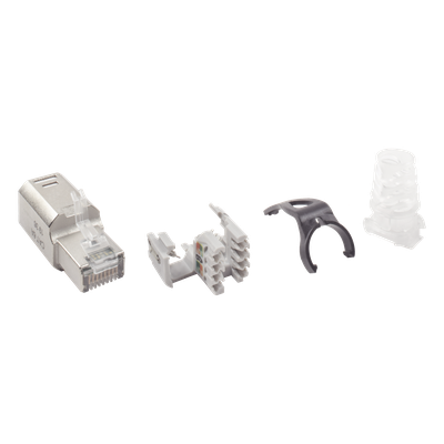 Plug RJ45 Cat6A Blindado, Terminación en Campo, Compatible con Todas las Categorías, con Clip Protector de Seguro
