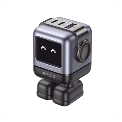 Cargador RobotGaN de 65W Serie UNO | 3 Puertos de Carga Rápida | 2 USB-C | 1 USB-A | PD 3.0 | QC 4.0 | Carga Inteligente | Tecnología GaN II | Zapato Magnético Extraíble | Carcasa Ignífuga | Pantalla LED