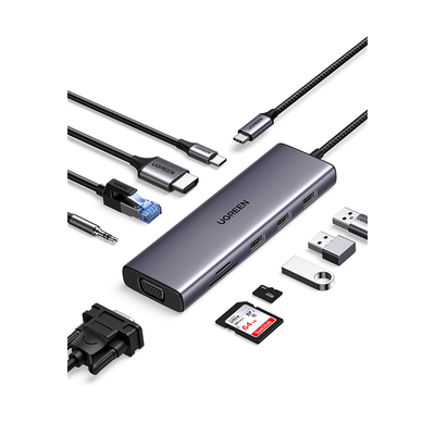 Hub USB-C 10 en 1 / HDMI 4K@30Hz + VGA 1920×1200 / 3x USB 3.0 5Gbps / Ethernet Gigabit / SD/TF Card Reader / PD 100W / Audio 3.5mm / Doble Pantalla Simultánea / Plug & Play Universal