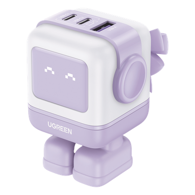 Cargador RobotGaN de 65W Serie UNO | 3 Puertos de Carga Rápida | 2 USB-C | 1 USB-A | PD 3.0 | QC 4.0 | Carga Inteligente | Tecnología GaN II | Zapato Magnético Extraíble | Carcasa Ignífuga | Pantalla LED