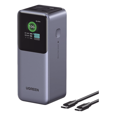 Power Bank de 20000mAh | 3 Salidas 130W Max. | USB-A + 2 USB-C | PD 3.0 | QC3.0 | FCP | SCP | Pantalla Inteligente | Carcasa Ignifuga | Color Gris | Incluye Cable USB de 50cm | Carga tu Laptop de Manera Segura.