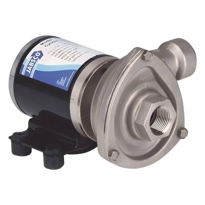 Bomba centrifuga Cyclone de baja presión a 12 Vcd, caudal de hasta 29 GPM, presión máxima de 8.7 psi, en acero inoxidable.