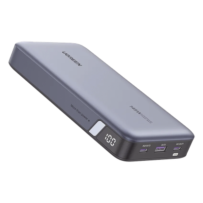 Power Bank de 25000mAh | 3 Salidas 145W Max. | USB-A + 2 USB-C | PD 3.0, QC3.0 | FCP | SCP | Pantalla Inteligente | Carcasa Ignifuga | Color Gris | Incluye Cable USB de 50cm | Carga tu Laptop de Manera Segura.