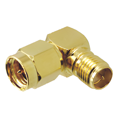 Adaptador en Ángulo Recto, de Conector SMA Macho a SMA Hembra Inverso, Oro/ Oro/ Teflón.