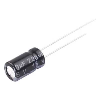 Capacitor Electrolítico en Aluminio, Radial de 220 µFd, 16 Vcc, 105 °C, 6.3 x 11 mm.