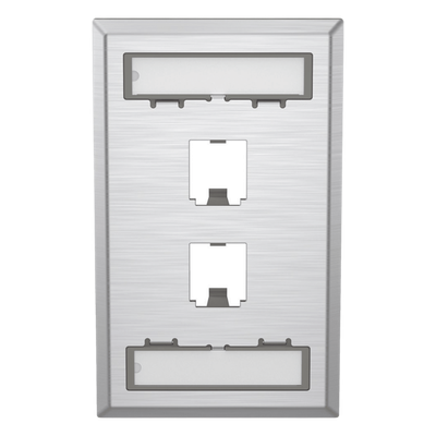 Placa de Pared Vertical, de Acero Inoxidable, Salida Para 2 Puertos Mini-Com, Con Espacios Para Etiquetas