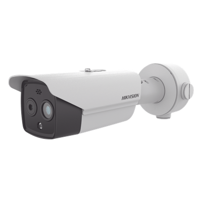 Bala IP Dual / Térmica 6.9 mm (256 x 192) / Óptico 6.4 mm (4 Megapixel) / 30 mts IR / Exterior IP67 / PoE / Termométrica / Detección de Temperatura / Sirena y Luz Intermitente Integrada / Micro SD