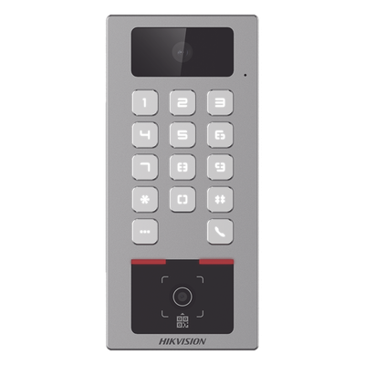 (PoE / 2 Relays) Teclado con Lector Físico de QRs para Exterior Antivandálico IP65 & IK09 con función de Videoportero Multiapartamento / Tarjeta, Código QR, PIN o App HikConnect  / Cámara 2 MP compatible con NVRs /