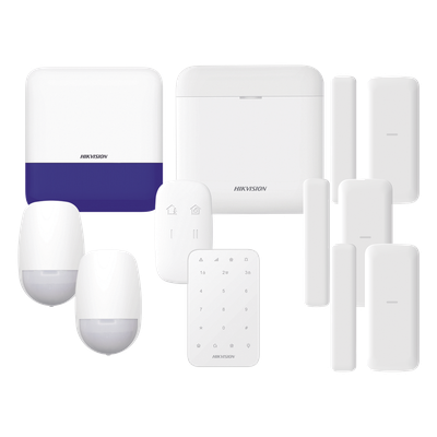 (AX PRO) KIT de Alarma AX PRO / Incluye: 1 Hub con batería de respaldo/ 2 Sensores PIR / 3 Contactos Magnéticos mini / 1 Control Remoto / 1 Sirena Inalambrica Exterior /1 Teclado Inalámbrico / WiFi / Compatible con Hik-Connect P2P