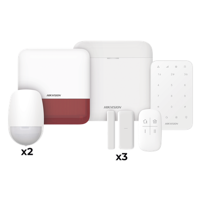 (AX PRO) KIT de Alarma AX PRO / Incluye: 1 Hub / 2 Sensores PIR / 3 Contactos Magnéticos mini / 1 Control Remoto / 1 Sirena Estrobo en color Rojo Inalámbrica Exterior /1 Teclado Inalámbrico / Wi-Fi / Compatible con Hik-Connect P2P