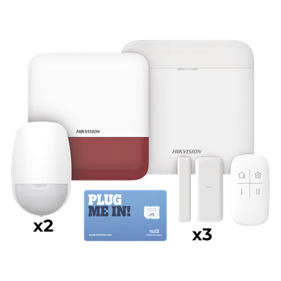 (AX PRO) KIT de Alarma AX PRO con GSM (3G/4G), Wi-Fi y Ethernet / Incluye: 1 Hub  con batería de respaldo / 2 Sensores PIR / 3 Contactos Magnéticos Slim / 1 Control Remoto / 1 Sirena Roja Inalambrica Exterior