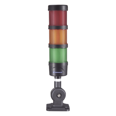 Torre LED Indicadora de estado de 3 niveles color Rojo, Ámbar y Verde, con Buzzer integrado a 85 dB,  a 110-240 VCA con Montaje incluido de 60 mm de diámetro