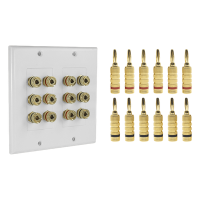 KIT 1 Placa de Pared + 6 Pares Conectores Banana (Rojo+Negro) | Postes de Unión Tipo Banana | Conexión para 6 Altavoces | Fácil Instalación | Conectores Chapados en Oro