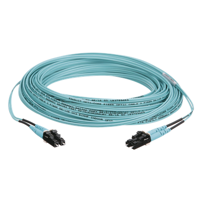 Jumper de Fibra Optica Multimodo 50/125 OM3, LC-LC Duplex, OFNR (Riser), Color Aqua, 10 Metros (32.81 Pies)