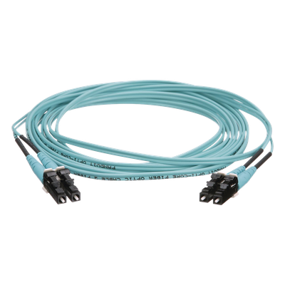 Jumper de Fibra Óptica Multimodo 50/125 OM4, LC-LC Duplex, OFNR (Riser), Color Aqua, 4 Metros (13.12 Pies)