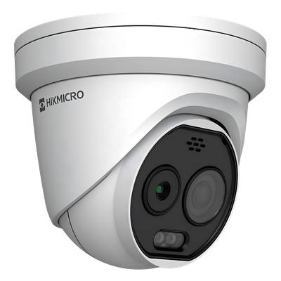 (HIKMICRO) Turret IP Bi-espectral (Térmica + Óptica) / Lente Térmico 2.1 mm (256 X 192) / Lente Óptico 2.2 mm (5 Megapixel) / Detección de Temperatura (-20°C a 650°C) / IA con GUANLAN / Dual Light (30 mts IR + 30
