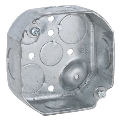 Caja Octagonal de 4″ / Profundidad 1 1/2″ / 4 Entradas de 3/4″ y 4 Entradas de 1/2″ / Troquelada.