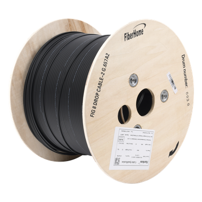 Carrete de 1 km de Fibra Óptica Aérea Mini Figura 8 G.657A2 Tipo Drop, Monomodo de 2 Hilos (Bifibra), Diseñada para Fusionarse, Color Negro, Span 80, (No Soporta Conectores Mecánicos)