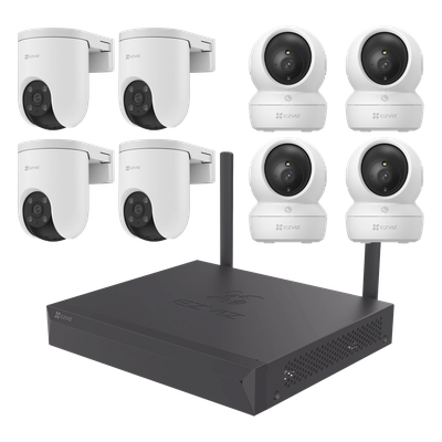 Kit de cámaras Wi-Fi / 3 Megapixel / Incluye 8 Cámaras (4 camaras Para Interior y 4 Cámaras Para Exterior) / 1 NVR WI-FI 8 Canales / Vision Nocturna a Color / Detección de Humanos