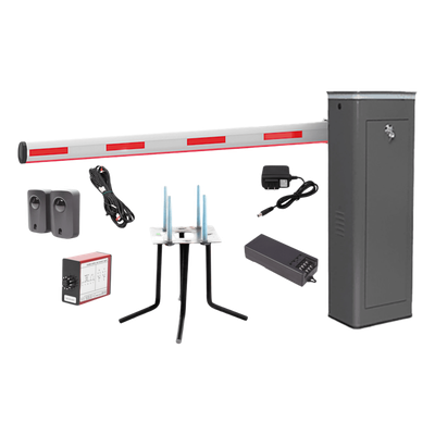 Kit COMPLETO Barrera Izquierda XBS Con Corona LED / Brazo Iluminado de 5M / Incluye Sensor de Masa, Transformador, Lazo Magnético, Ancla, Fotoceldas y 2 Controles Inalámbricos