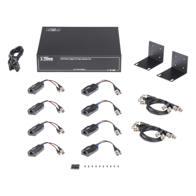 Kit de TRANSCEPTOR ACTIVO DE 8 CANALES / VIDEO+PODER en un solo Cable UTP / 150 metros en 4K, 200 metros en 5 MP/ Envía 36 Vcc y Recibe 12 Vcc / TODO INCLUIDO PARA RACK / Compatible con cámaras HD-TVI/CVI/AHD/CVBS / INSTALACIÓN LIMPIA
