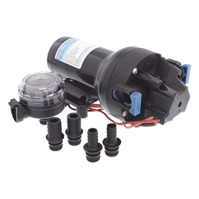 Bomba de diafragma controlada por presión para trabajo pesado ParMax de 12 Vcd, caudal de 5 GPM, presión máxima 60 psi, para manguera de diámetro interior de 13 mm (1/2″) y 19 mm (3/4″)
