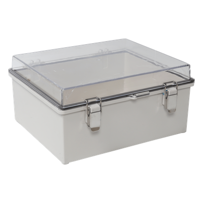 Gabinete Plástico ABS, Puerta Transparente, Uso en Intemperie IP66 (190 x 290 x 140 mm) cierre por Broche Inoxidable y Permite Cerrado con Candado y Llave (Perno 5mm) No Incluido
