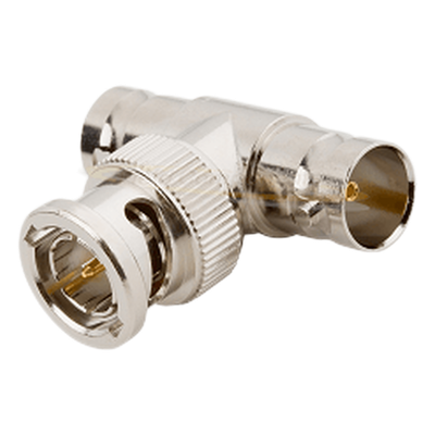 Adaptador en T para 50 Ohm de BNC Macho a Doble BNC Hembra, Troquelado, Níquel/ Oro/ Delrin.