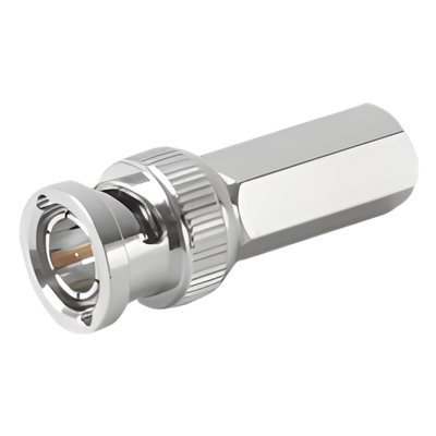 Conector BNC Macho de Ensamble Roscable (Hex.) en Sentido de las Manecillas de Reloj para Cable Coaxial RG-59/U, Níquel/ Oro/ Delrin.