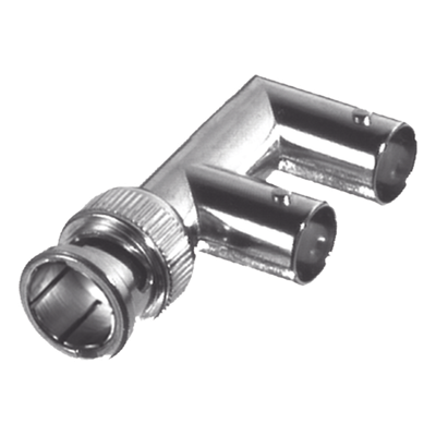 Adaptador Triple en F para 75 Ohm, de Conector BNC Macho a Doble BNC Hembra, Níquel/ Oro/ Delrin.