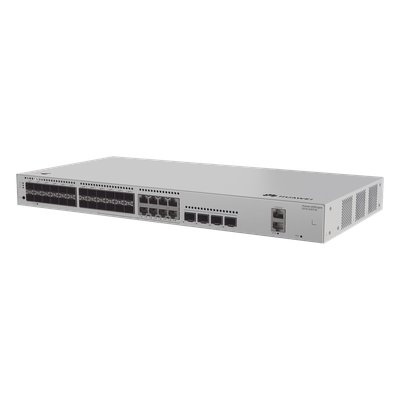 Switch de Distribución/Core Gigabit Administrable  Capa 3 / 24 puertos 1GE SFP ( Combo con 8 Puertos 10/100/1000 Mbps) / 4 Puertos 10GE SFP+ Uplink / ERPS / Rutas Estáticas / iStack / Administración Nube Gratis