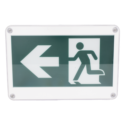 Letrero EXTERIOR de Señalización salida «Hombre Corriendo»/ Alto brillo / Uso en pared, lateral o techo / Batería de Respaldo Incluida con hasta 120 minutos de duración