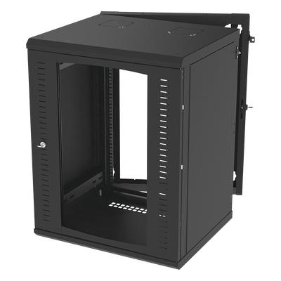 Gabinete Abatible de Pared (Con Marco Trasero) con Rack 19″ de 16 Unidades. Ventana de Cristal Templado.