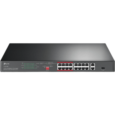 Switch PoE+ no Administrable 16 puertos 10/100 Mbps + 2 puertos 10/100/1000 Mbps + 1 puerto SFP, 8 puertos Extensor PoE (hasta 250 m), 150W, diseño para Vigilancia IP