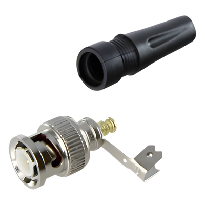 Conector BNC macho en 75 Ohm, para cable coaxial RG-59 / Con base de alivio negra de PVC, Níquel/ Oro/ PTFE.