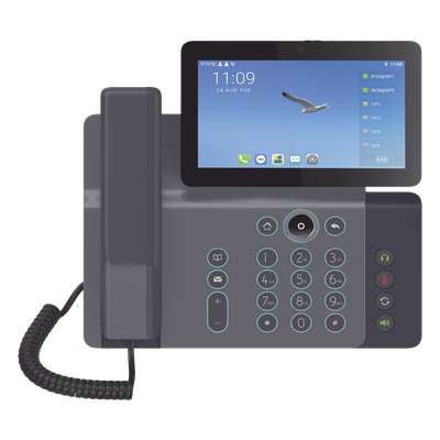 Videoteléfono IP inteligente Insignia, Android 9.0, 20 líneas SIP, pantalla a color 7″ ajustable, Teclado de iluminación configurable, PoE, conferencia local de 10 vías.