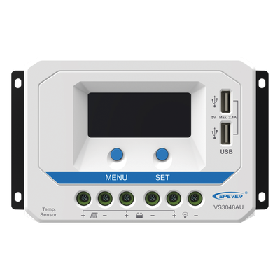 Controlador Solar PWM / 30A / 12/24V/36/48V / Doble USB / Pantalla LCD / Tierra Positivo Común