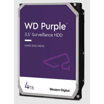 Disco Duro WD Purple Surveillance / 4TB / SATA 6Gb/s / 3.5″ / Tecnología AllFrame / 180TB año Workload / Soporte 64 Cámaras HD / 16 Bays / Componentes Anti-Corrosión / 3 Años Garantía